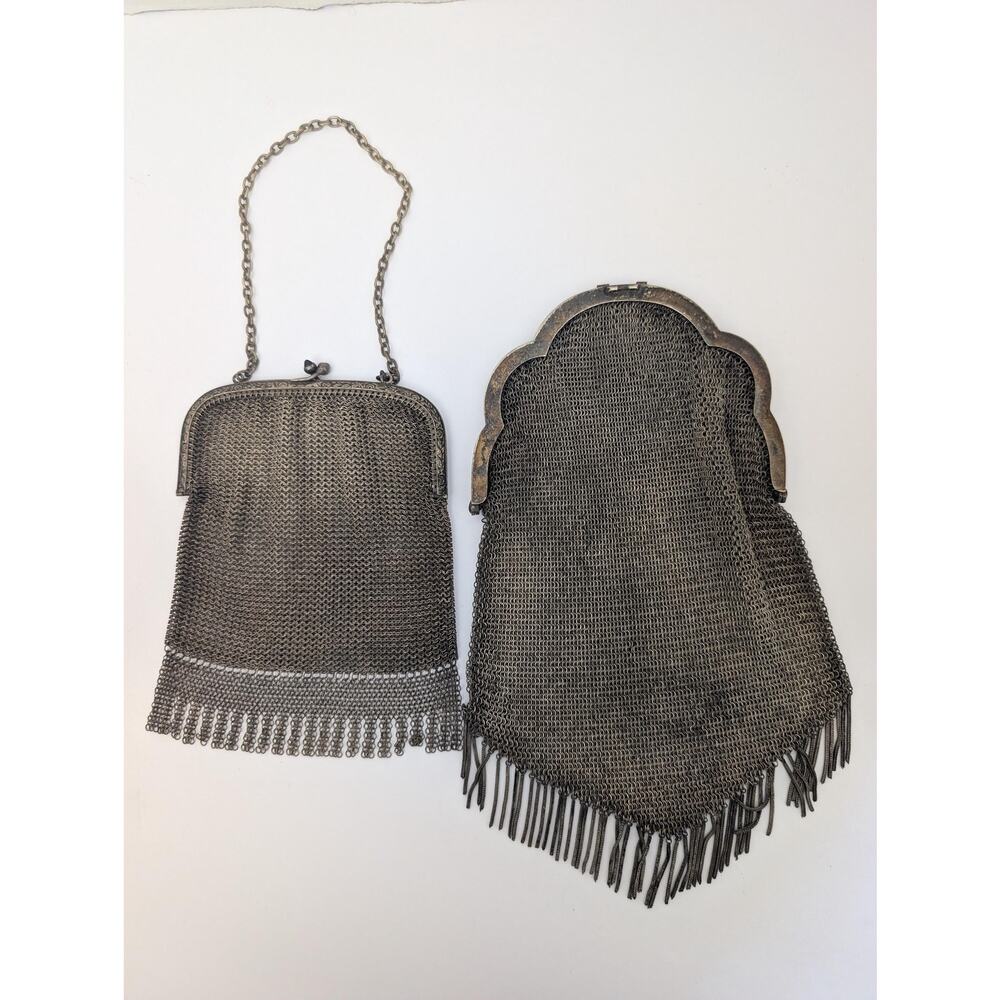 Lot of 2 Antique Mesh Purses Gunmetal Chain Mail Tassel Fringe Flapper Bag